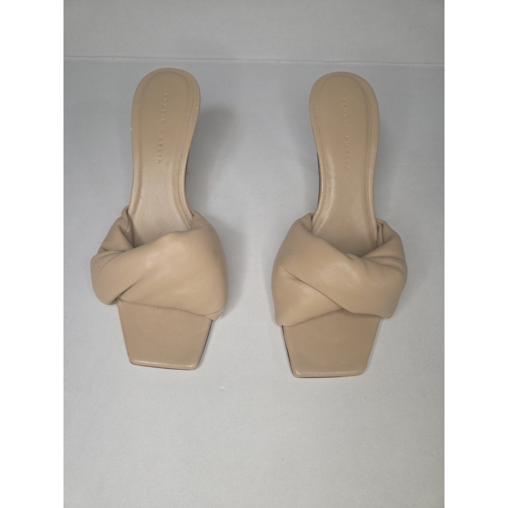 Studio Amelia Nude Beige Twisted Leather Slide Mule Sandals Square Toe 3" Heel